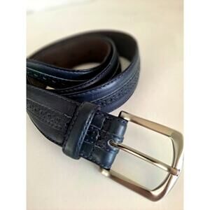 Cole Haan Mens Navy Leather Brogue Belt 1.3" by 43" Size 38 Laser Cut Classic